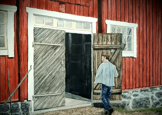 Akvarellmålning: En realistisk akvarell där vardagens arbete och rörelse står i centrum, målad med fokus på ljus och närvaro.