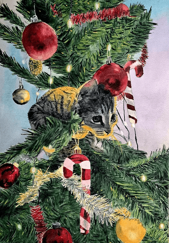 Akvarellmålning: En nyfiken katt har tagit sig upp bland julgranens grenar och prydnader i ett varmt och lekfullt ögonblick.