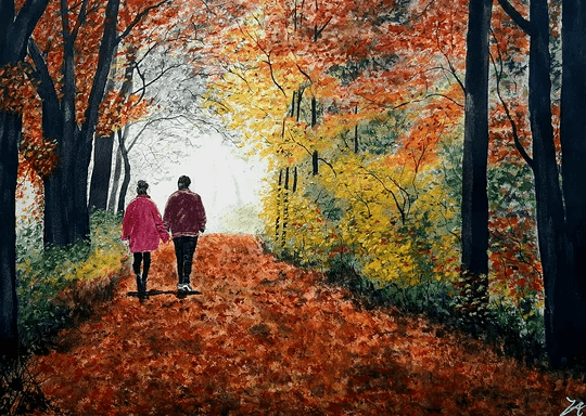 Akvarellmålning: En promenad genom ett höstlandskap där varma lövtoner, natur och mjukt ljus samlas i ett lugnt och inbjudande motiv.