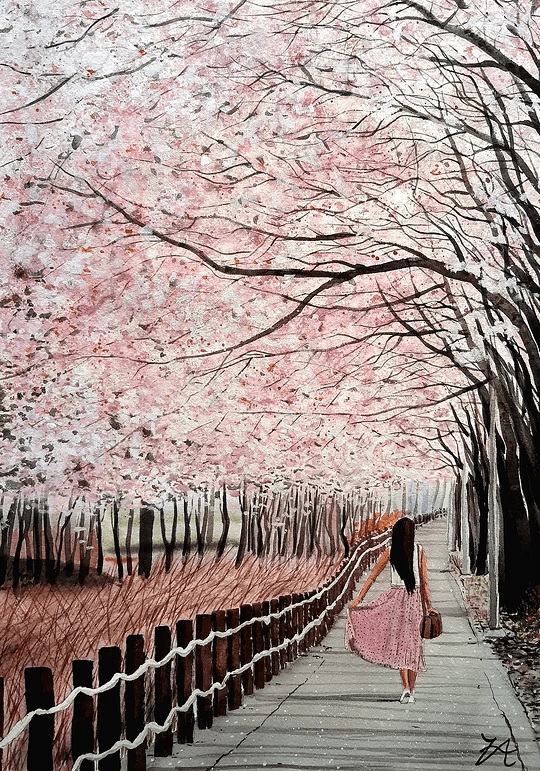 Akvarellmålning: Körsbärsblomning ramar in en gång eller passage där vårens ljusa färger och blommande grenar leder blicken genom motivet.