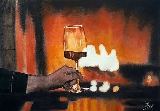 Akvarellmålning: Ett figurativt kvällsmotiv där ett glas och stunden omkring det ger scenen en vardaglig, stilla och berättande karaktär.