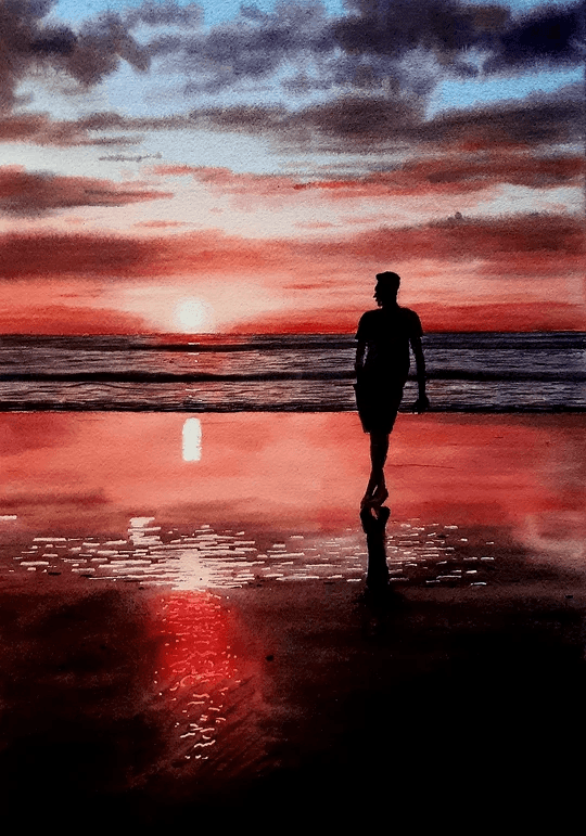 Akvarellmålning: En ensam gestalt står vid strandkanten medan solnedgångens röda och orange toner möter ett lugnt hav.