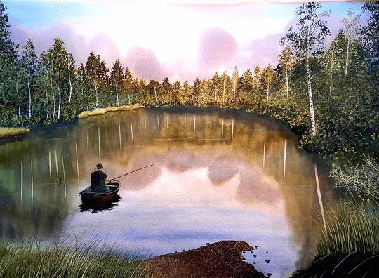 Akvarellmålning: Ett landskap i kvällens lugn där det avtagande ljuset och den dämpade atmosfären ger motivet en stilla, eftertänksam karaktär.