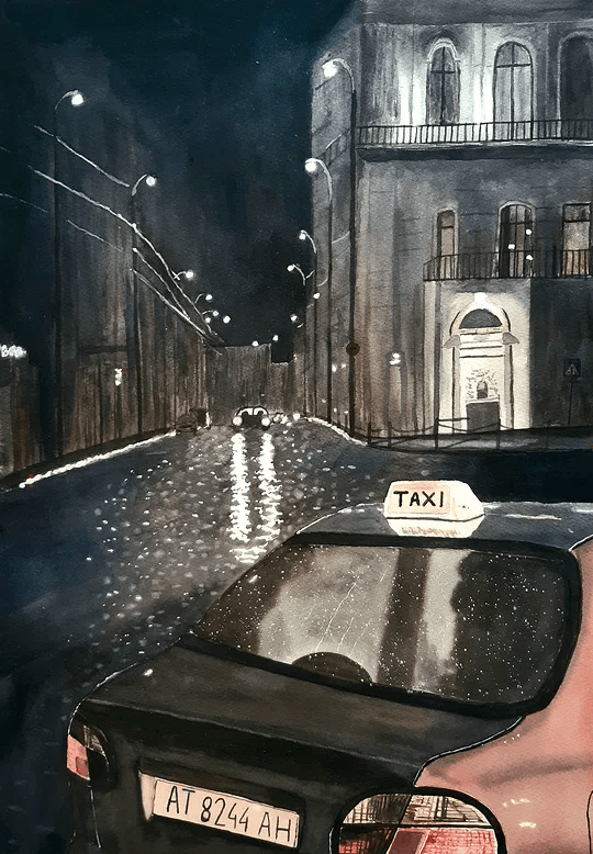 Akvarellmålning: En stadsmiljö i regn och nattljus där blanka ytor och artificiellt ljus skapar reflektioner, kontraster och urban stämning.