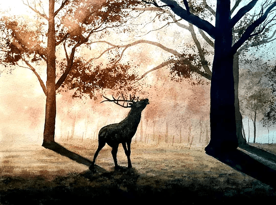 Akvarellmålning: Ett kraftfullt skogsmotiv där naturens täthet och djup ger målningen en närvarande, nästan dramatisk stämning.