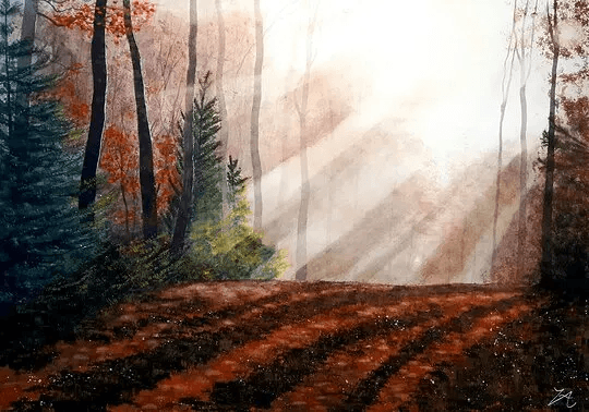 Akvarellmålning: En stillsam promenad genom skogen fångad i akvarell, med mjuka naturtoner och en lugn öppning mellan träden.