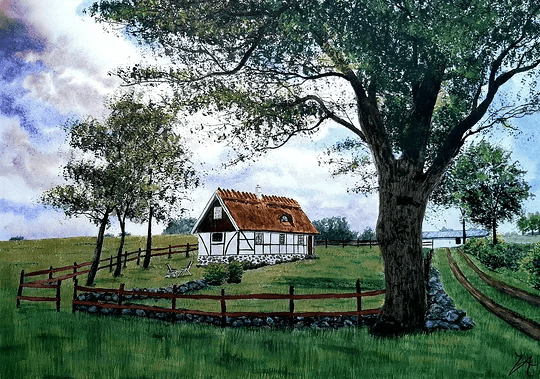 Akvarellmålning: Ett korsvirkeshus under en ljus sommarhimmel, målat med mjuka penseldrag och en varm nostalgisk känsla.