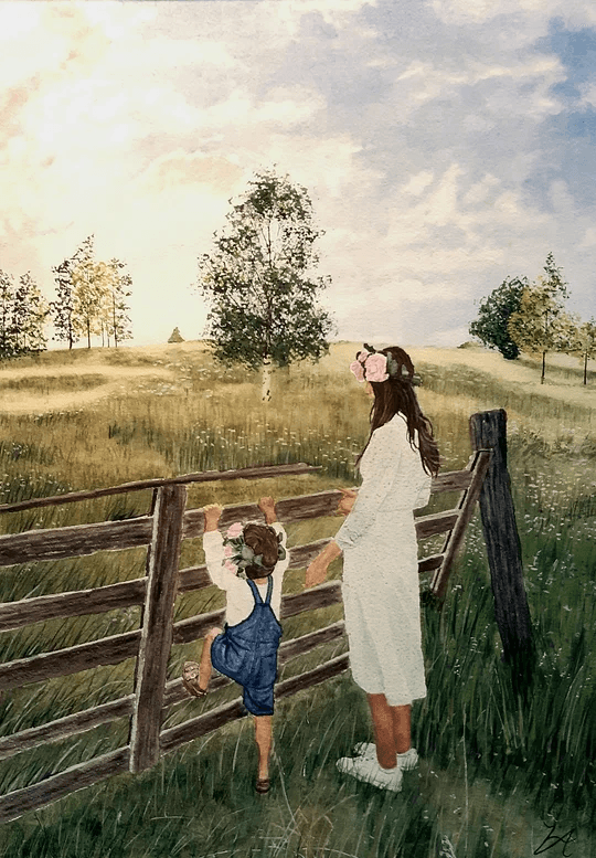 Akvarellmålning: En kvinna och ett barn står i ett gyllene sommarlandskap under en mjuk kvällshimmel, med en varm och nostalgisk ton.