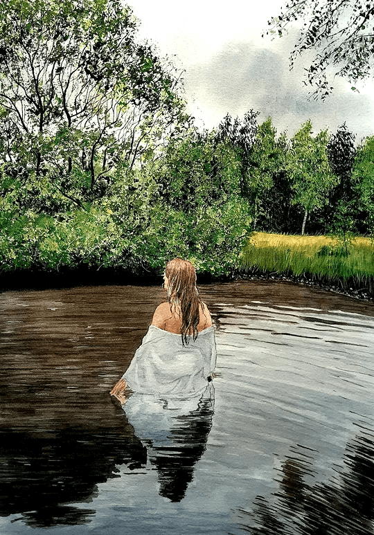 Akvarellmålning: En kvinna blickar ut över en spegelblank sjö under en dramatisk himmel i ett motiv präglat av lugn och ensamhet.