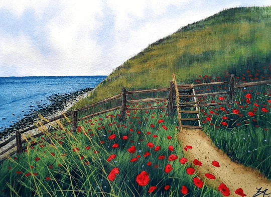 Akvarellmålning: Röda vallmoblommor möter ett öppet kustlandskap och skapar en färgstark kontrast mellan växtlighet, hav och himmel.