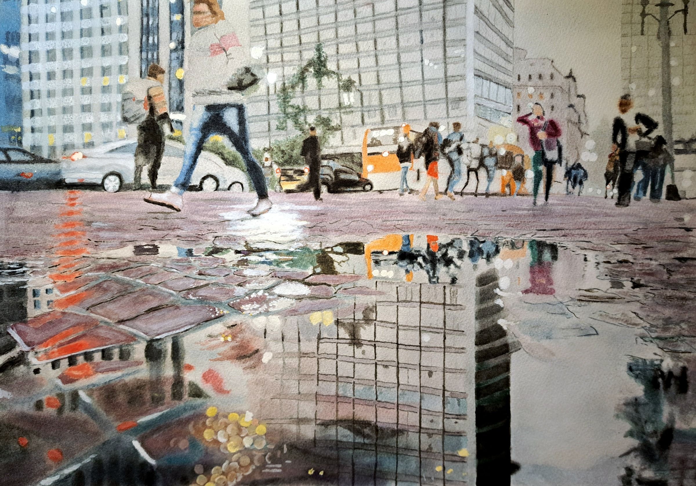 Akvarellmålning: Ett myllrande stadsmotiv där människor, arkitektur och reflektioner väcker frågor om alla de riktningar våra liv tar.