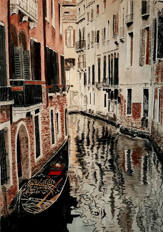 Akvarellmålning: En stilla kanal i Venedig där vatten, äldre fasader och den täta stadsstrukturen skapar ett lågmält och klassiskt stadsmotiv.